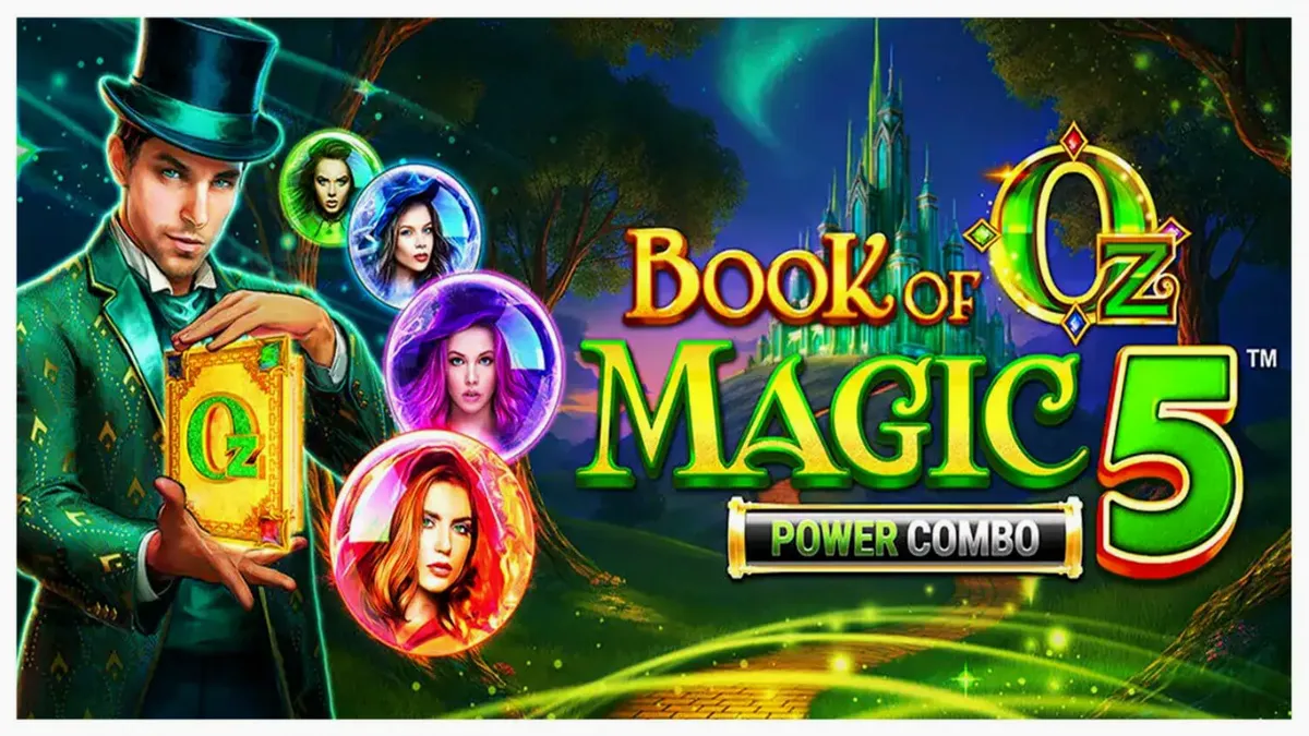 Tampilan visual slot Book of Oz Magic 5 Power Combo dengan latar belakang Kota Zamrud