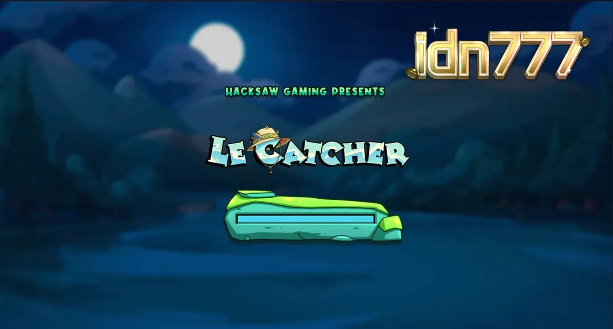 Rakun pemancing yang ikonik dalam slot Le Catcher dengan latar belakang perairan malam hari.